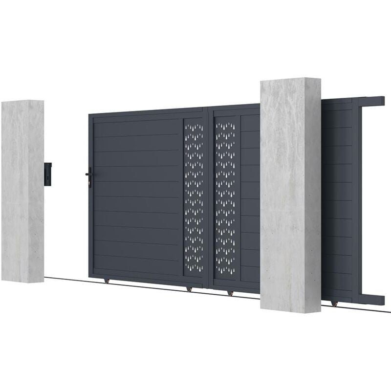 Vente-unique - Portail électrique coulissant aluminium semi plein à motifs L416 x H180 cm anthracite gregor