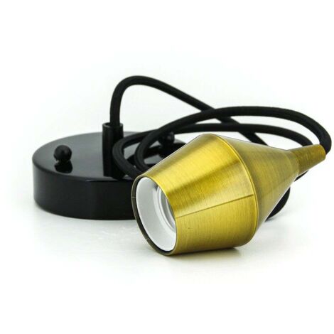 Portalámparas Colgante E27 Dorado con Florón y Cable de Tela Negro