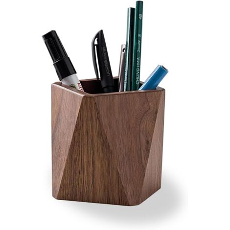 Portalápices de madera, caja de almacenamiento para escritorio, madera de nogal negro, hecho a mano, papelería, brochas de maquillaje, escritorio, oficina (marrón)
