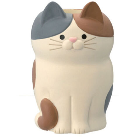 Portalápices decorativo con forma de gato tricolor agachado, soporte multifuncional para teléfono, tableta y gafas, ideal para la decoración de la oficina y el hogar.