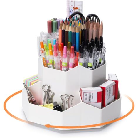 Portalápices giratorio, organizador de escritorio giratorio, organizador de bolígrafos con rotación de 360 grados, portalápices de escritorio con 9 compartimentos - Blanco
