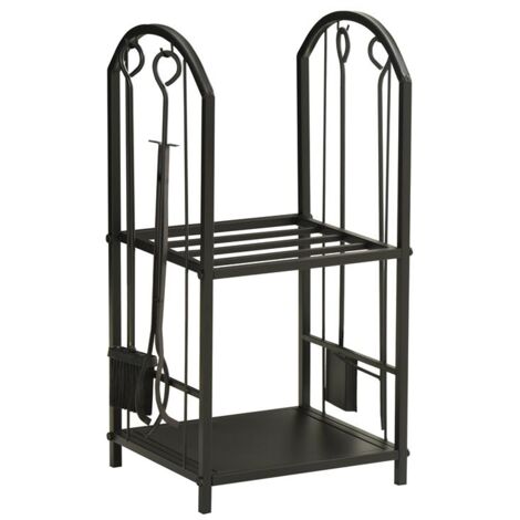 PORTALEGNA A 2 RIPIANI IN METALLO CON PALETTA. SCOPA. ATTIZZATOIO E PINZA. 41.5X32.5X74.5 CM. NERO