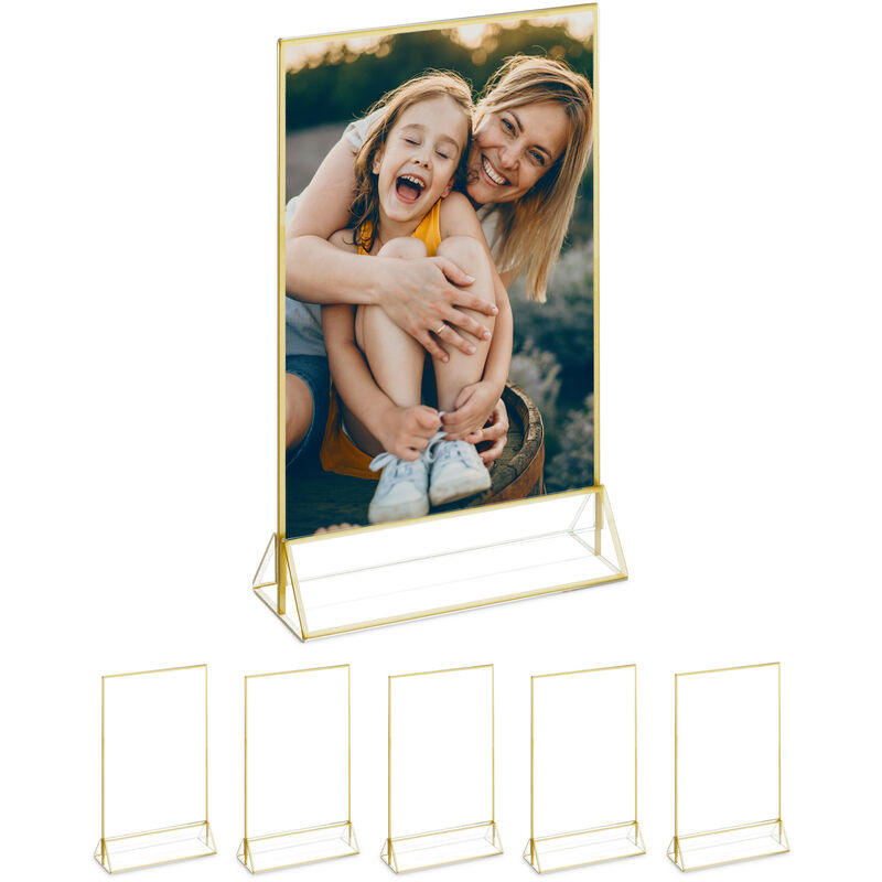 Image of Portamenu da Tavolo, A5, Set 6 Supporti Segnaposto Acrilico, Porta Menù Matrimonio, Battesimo, Trasparente Oro - Relaxdays