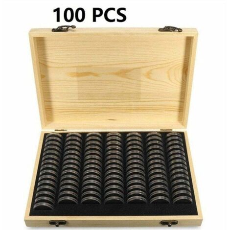 Portamonedas de madera de pino, caja de madera para guardar monedas conmemorativas coleccionables con cápsulas y carcasa protectora, compatible con monedas de 18/21/25/27/30 mm de diámetro, 280 x 190 