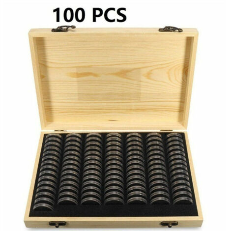 Portamonete in legno di pino Scatola portamonete in legno per monete commemorative da collezione con guscio protettivo per capsule, adatto per monete con diametro di 18/21/25/27/30mm, 28019045mm, 100 