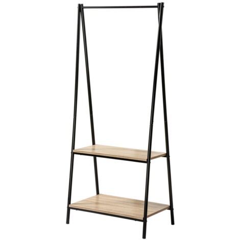 Portant 2 étagères en acier noir et bois mélaminé – Dimensions 64.5 x 40 x 151 cm – Penderie robuste pour vêtements longs