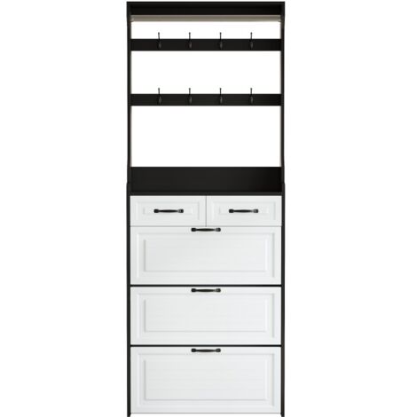 Portant à chaussures noir avec 3 portes et 2 tiroirs - Porte-manteau intégré - Rangement optimal pour entrée et couloir - Design sobre et fonctionnel - Organisation pratique pour toute la famille