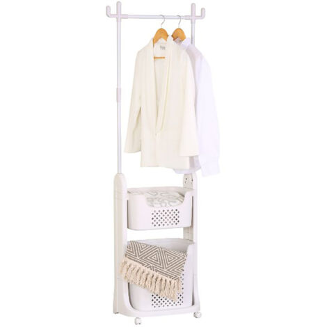 Portant à linge blanc avec barre de suspension et 2 paniers - Hauteur 177 x Longueur 42 x Profondeur 35 cm