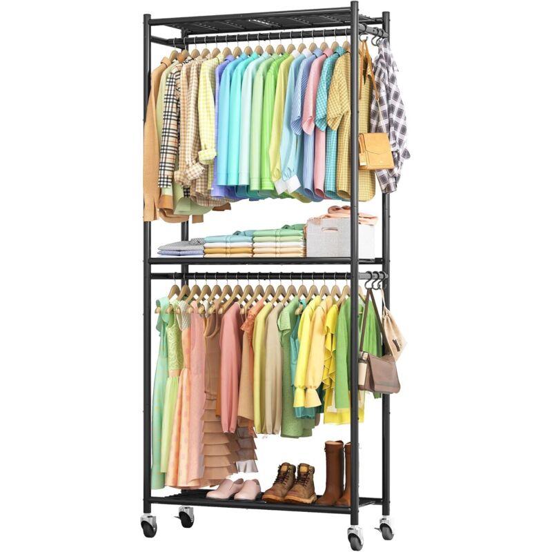 Portant à Vêtement 84 x 32 x 202 cm – Penderie Vêtement Dressing Chambre Adulte avec Étagères & Roulettes, Portant Vêtement Solide à Roulettes avec