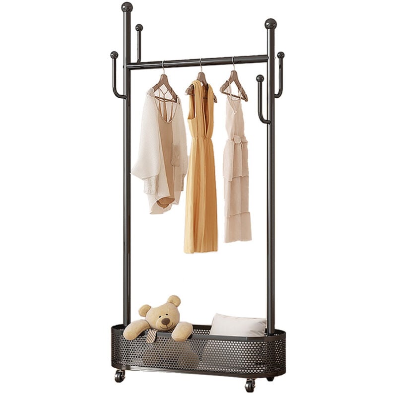 Portant à Vêtement avec roulettes, Porte Manteau métal, Porte-Manteau étagère pour Chaussures Multifonctionnel Porte-vêtements avec 4 Crochets - Noir