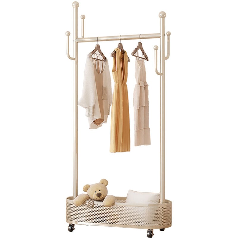 Portant à Vêtement avec roulettes, Porte Manteau métal, Porte-Manteau étagère pour Chaussures Multifonctionnel Porte-vêtements avec 4 Crochets - Blanc