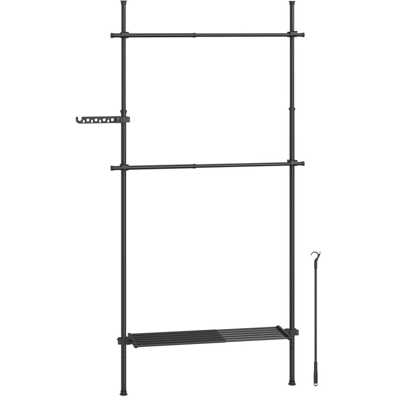 Portant à Vêtement du Sol au Plafond, Portique Vêtement Stable, Rangement 3 Niveaux, Étagère Extensible, Bras de Support Pliable, Barres