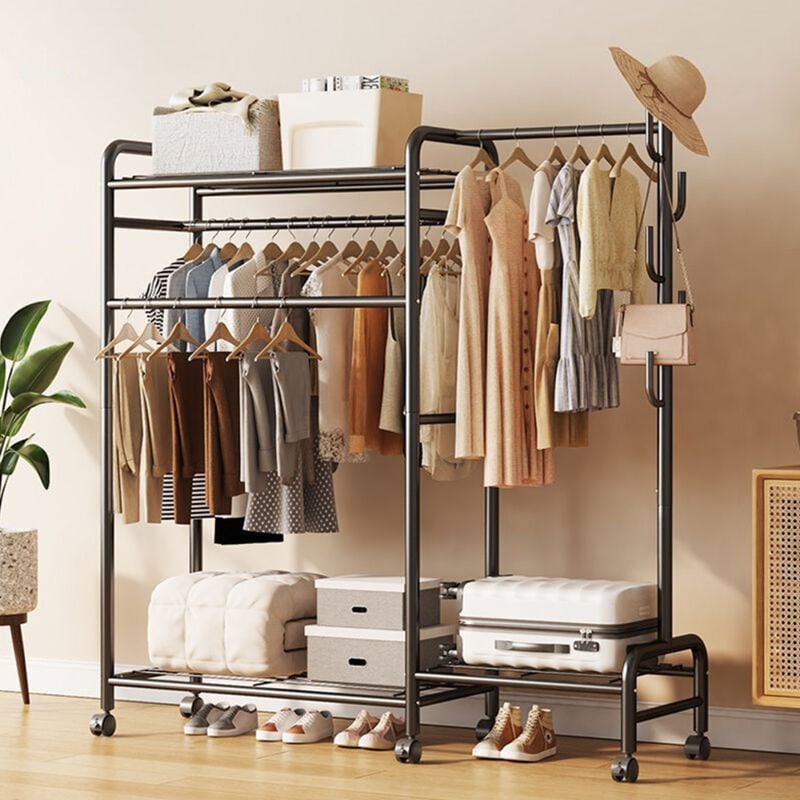 Sinbinta - Portant a roulettes vetement, Métal autoportante Portant vetement solide Cintre à double piste + compartiment de rangement à 2 couches 150