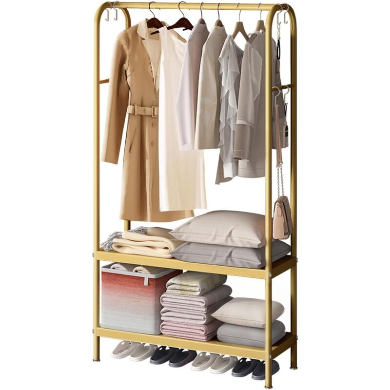 Portant à Vêtement, Porte-manteaux, Armoire, Vestiaire, 6 Crochets en Forme de s, Étagère à 2 Barres,Tringle en Métal, pour Chambre, Doré,80 x 33 x