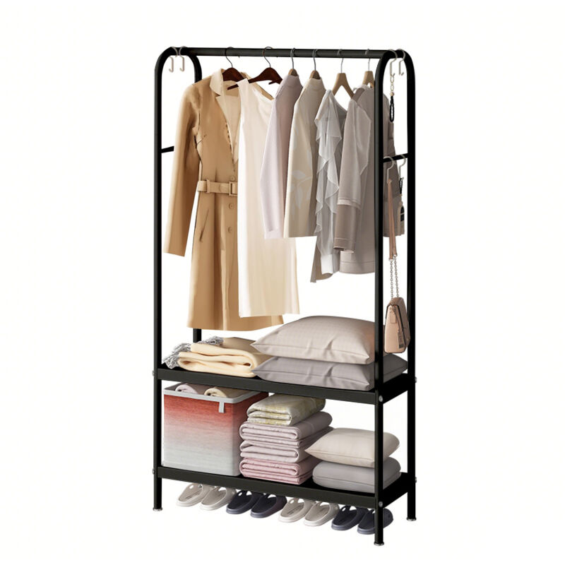 Portant à Vêtement, Porte-manteaux, Armoire, Vestiaire, 6 Crochets en Forme de s, Étagère à 2 Barres,Tringle en Métal, pour Chambre, Noir,80 x 33 x