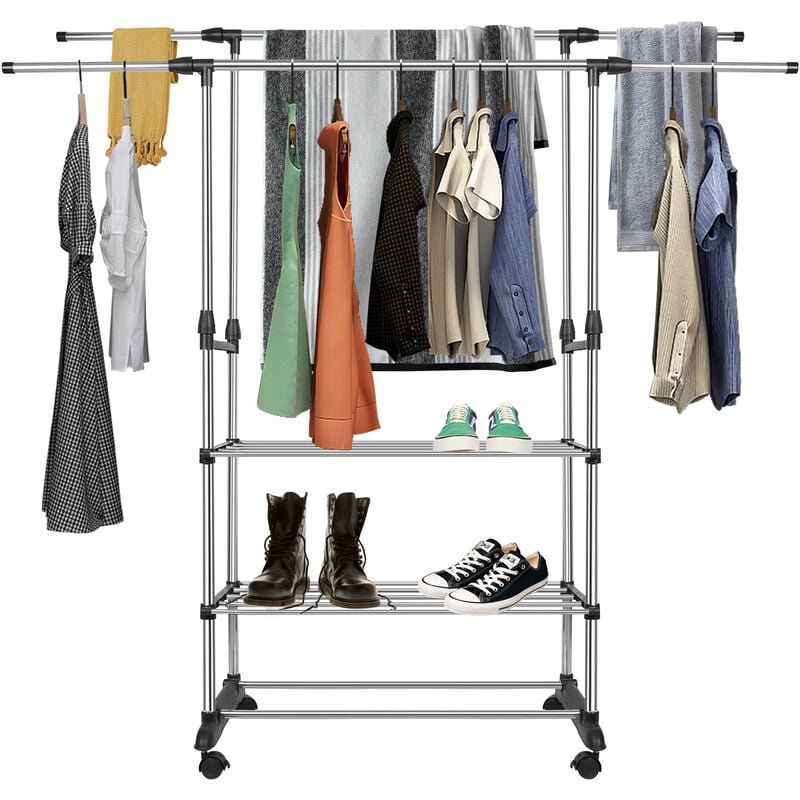 Portant à vêtement,avec 3 niveaux étagères à Chaussures,double perche télescopique Haloyo avec roulettes,penderie à vêtements portable extensible,noir