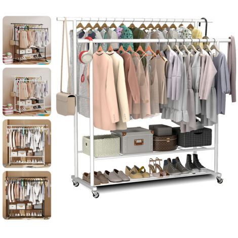Portant à Vêtements à Roulettes 115 x 40 x 145 cm avec Double Tringle et Étagère de Rangement Porte-manteaux pour Chambre Buanderie LOEFME, Blanc