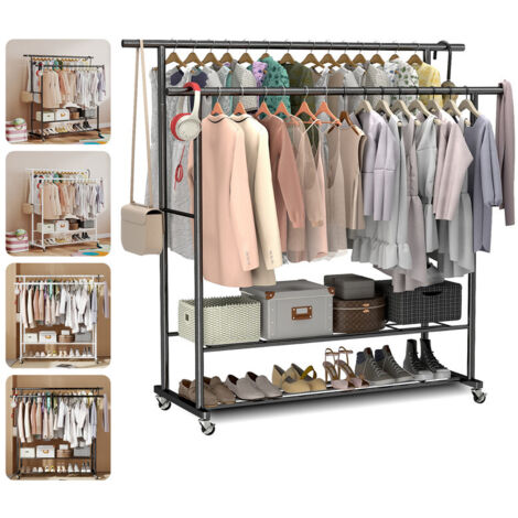 Portant à Vêtements à Roulettes 115 x 40 x 145 cm avec Double Tringle et Étagère de Rangement Porte-manteaux pour Chambre Buanderie LOEFME, Noir