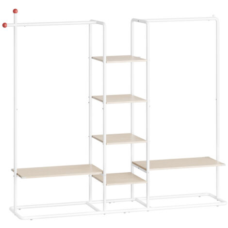 Portant à vêtements avec 2 tringles et 6 étagères – Acier et aggloméré – Capacité 136 kg – Crochets en forme d’allumette – Beige naturel et blanc mat