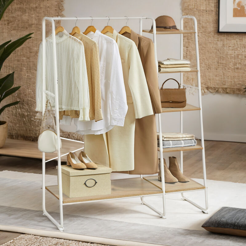 Portant à Vêtements avec Étagère à Chaussures et Rangement à 5 Niveaux, 6 Crochets Latéraux, Blanc