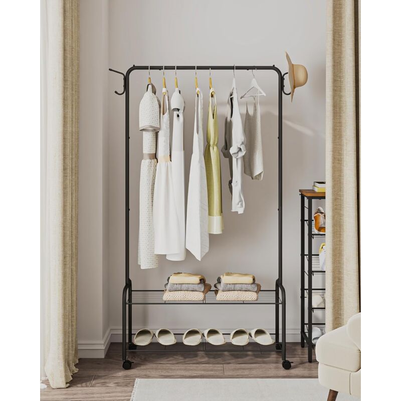 Portant à vêtements, avec étagère de rangement à 2 niveaux, Noir