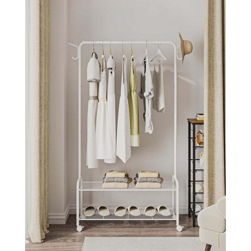 Portant à vêtements, avec étagère de rangement à 2 niveaux Blanc