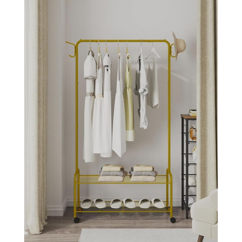 Portant à vêtements, avec étagère de rangement à 2 niveaux, Or
