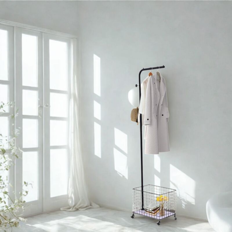Portant à vêtements avec panier de rangement et crochets - noir Secury-t