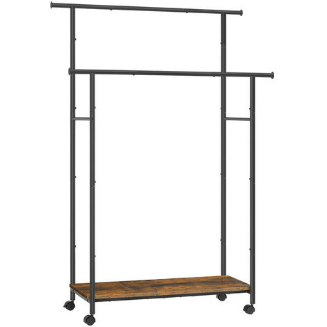 Portant à Vêtements avec Roulettes, Porte-Manteau avec Étagère, Barre double, Marron Rustique et Noir d'Encre