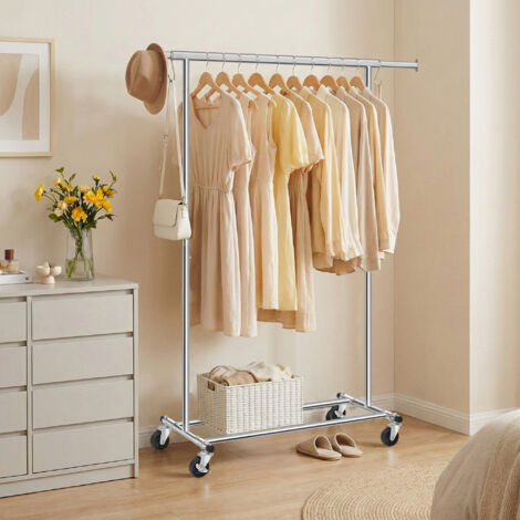 Portant à Vêtements avec Roulettes, Tringle Extensible, Capacité de Charge 100 kg, 45 x (92-132) x 161,5 cm, Montage Facile, Argent