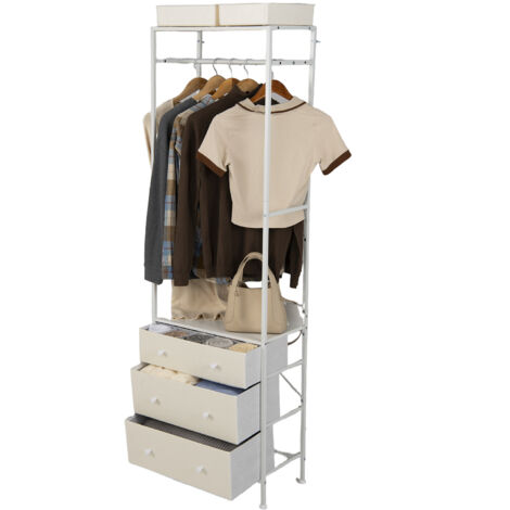 Portant à Vêtements avec Tiroirs, Commode et Penderie Autoportante, Tringle de Suspension à 3 Positions, pour l'Entrée, Vestiaire, Blanc