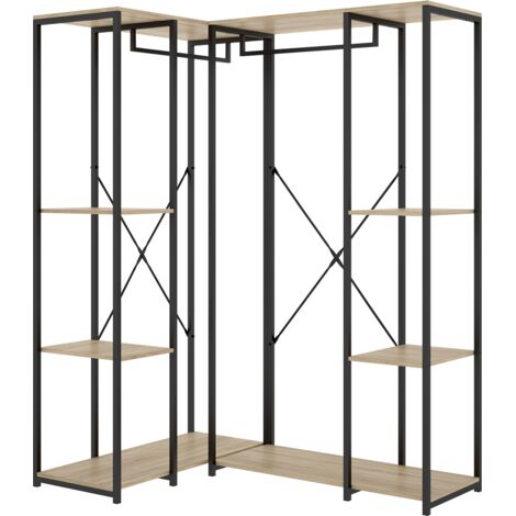Portant à vêtements d'angle à double penderie de structure métallique avec 6 étagères de rangement, coloris naturel/noir - Hauteur 167 x Longueur 90 x Profondeur 130,4 cm