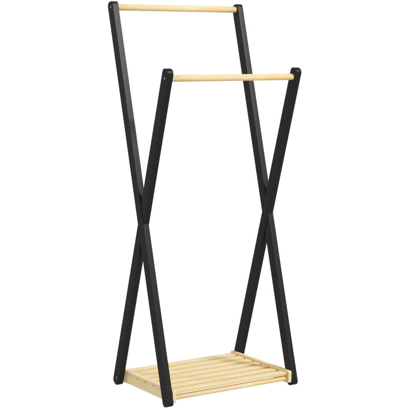 Portant à vêtements design contemporain - 2 barres, étagère - bois de pin naturel noir