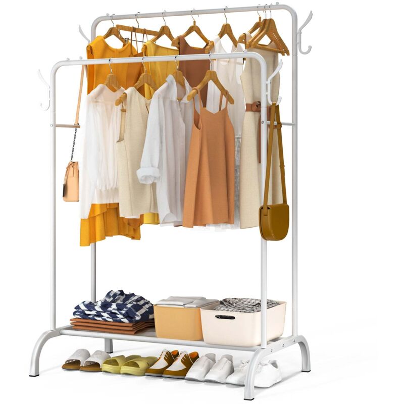 VOUNOT® Portant à Vêtements Double Tringle avec Étagères à Chaussures et 4 Crochets Latéraux - Métal - 110x58x150cm - Blanc