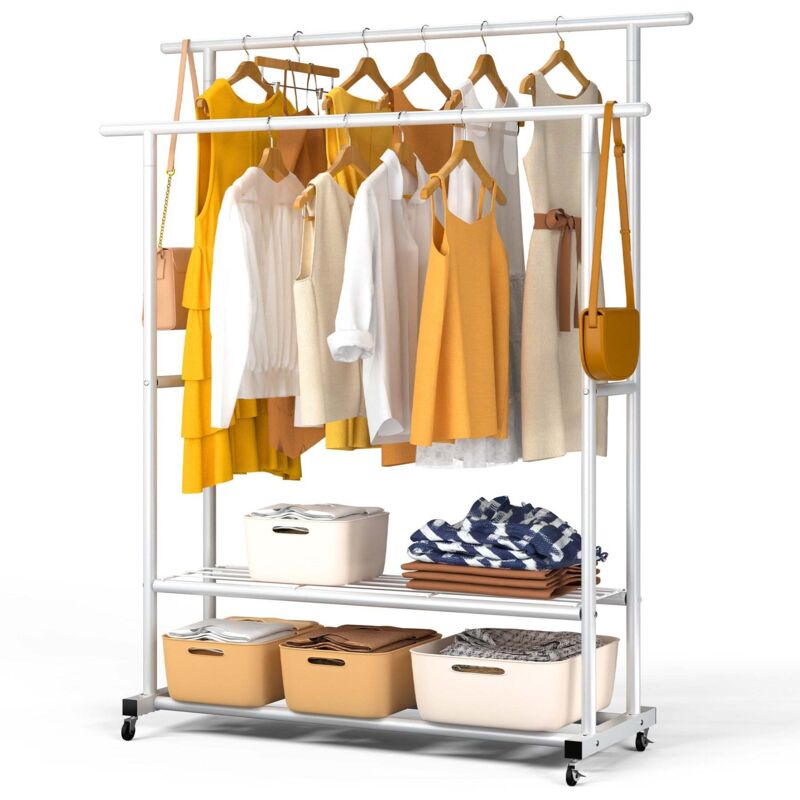 Vounot – Portant à vêtements double tringle avec roulettes et 2 étagères – Métal blanc 120x40x146cm – Charge max 40kg – Montage rapide