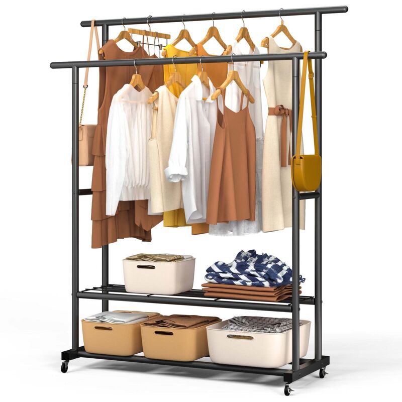 VOUNOT® Portant à Vêtements Double Tringle avec Roulettes et 2 Étagères de Rangement - Métal - 120x40x146cm - Noir