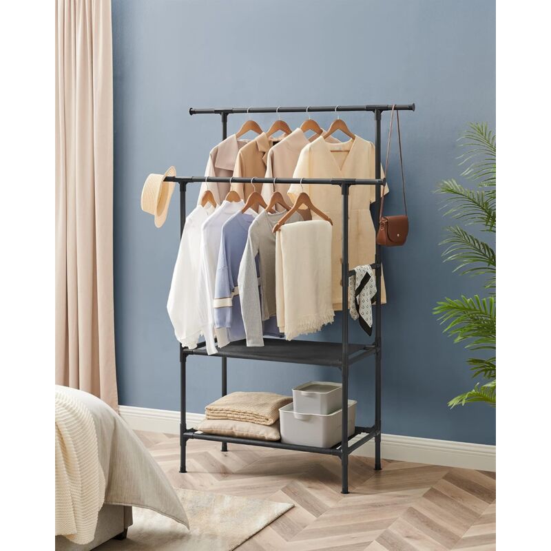Portant à Vêtements Double Barre, Portemanteau, Penderie, Organisateur Tringle, en Métal, avec Étagère de Rangement à 2 Niveaux, Charge 70 kg,