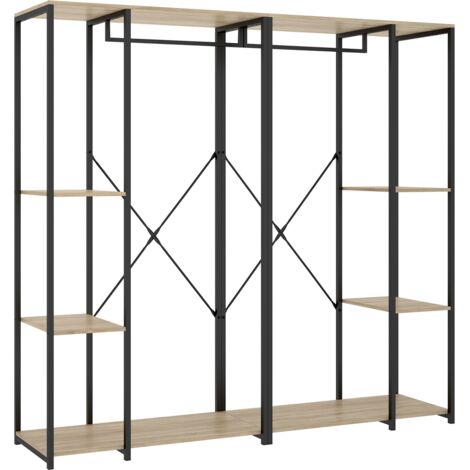 Portant à vêtements double penderie de structure métallique avec 5 étagères de rangement, coloris naturel/noir - Hauteur 167 x Longueur 180 x Profondeur 40,4 cm