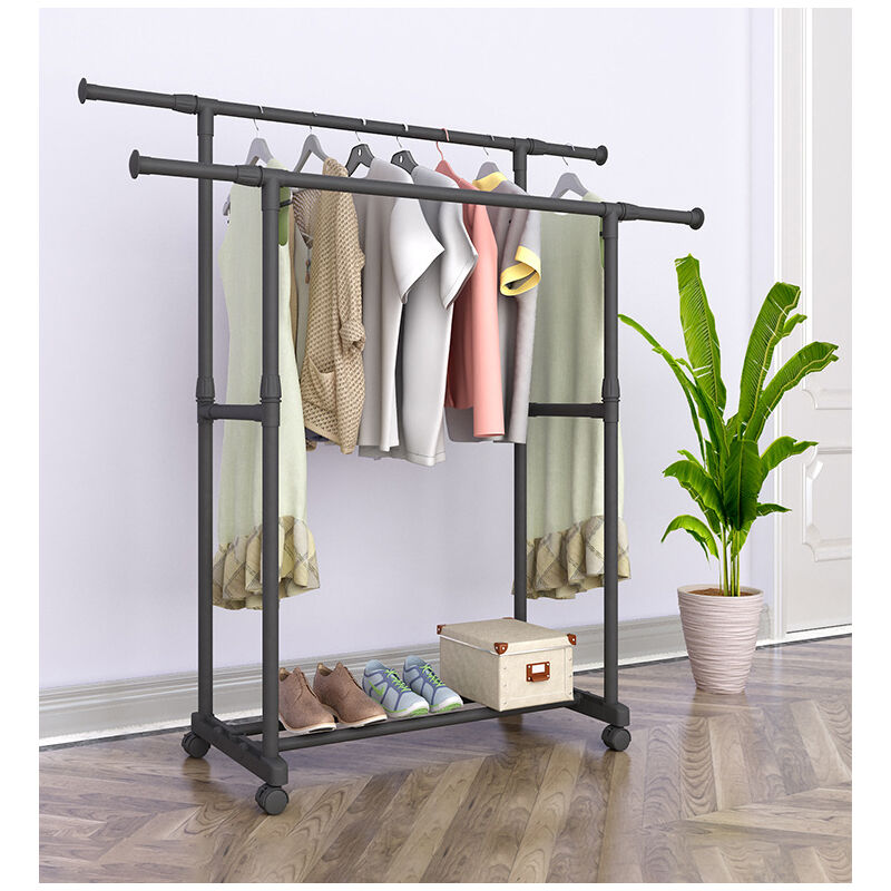 Portant à Vêtements Double Porte Manteau sur Roulettes avec Étagèrres à Chaussures Hauteur Réglable 150x40x155CM