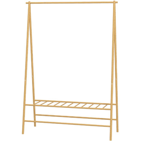 Portant à vêtements en bambou avec étagère à chaussures et crochets, autoportant, pour entrée, chambre, bois naturel