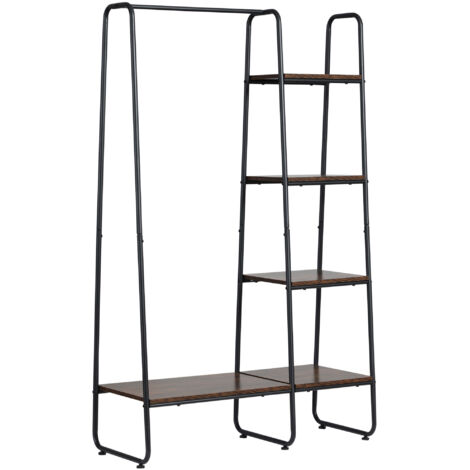 Portant à vêtements en bois avec 4 étagères et tringle pour chambre ou salon, 101 x 39 x 160 cm, marron rustique