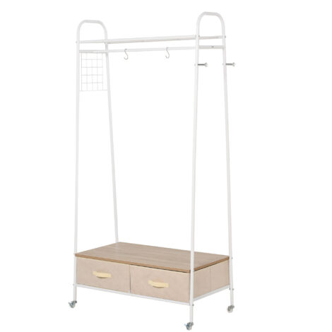 Portant à vêtements en métal à roulettes, avec tringle, étagères et tiroirs pour ranger vêtements et sacs, 99 x 47 x 185 cm
