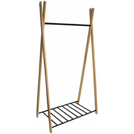 Portant à  vêtements et chaussures Yaka en bois et métal - 1 barre de penderie / 1 étagère ajourée - Naturel / noir - 173x50x93cm  - BOX & BEYOND