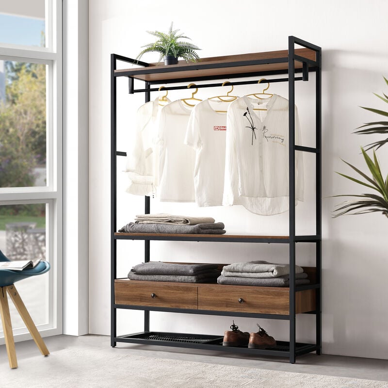 [en.casa] - Portant à vêtements Isen métal mdf 180 x 120 x 40 cm noir effet noyer