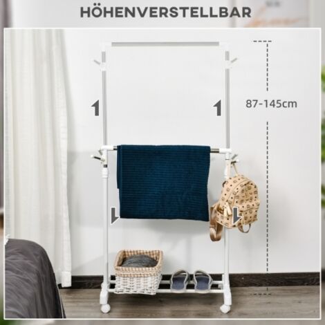 Portant à vêtements mobile en métal blanc réglable en hauteur, avec étagère inférieure et 4 roulettes, pratique et facile à déplacer pour intérieur