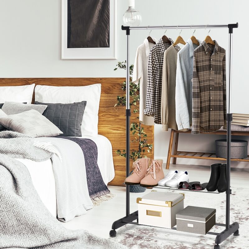 Portant à Vêtements Mobile et Télescopique avec Étagères de Rangement Capacité 10kg 84x42x92-168cm Noir et Argent CW8969 design in