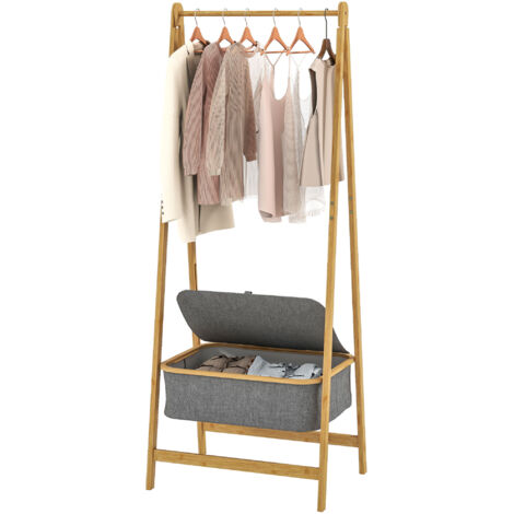 Portant à vêtements pliable en bambou avec panier en tissu et couvercle, idéal pour l'entrée, le couloir ou la chambre. Dimensions : 60 x 44,5 x 157,5 cm. Gris.