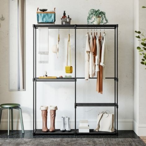 Portant à vêtements portable en structure métallique avec étagères en tissu, grand espace de rangement, léger et pratique pour chambre et dressing