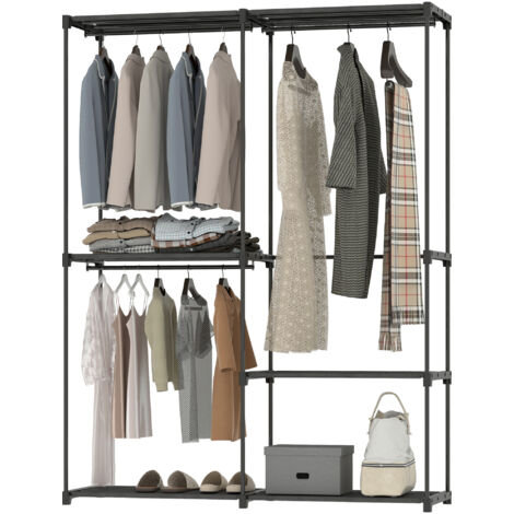 Portant à vêtements portable, structure en métal, étagères en tissu, grand espace de rangement, noir