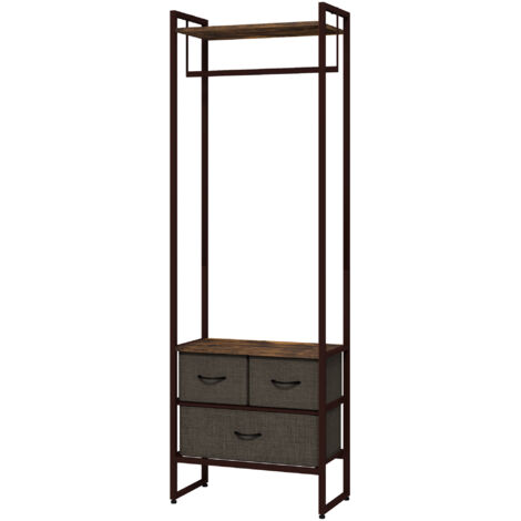 Portant à vêtements, porte-manteau d'entrée avec 3 tiroirs en tissu et une étagère de rangement, 58,5 x 30 x 178 cm, marron rustique